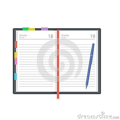 Open diary, planner or notebook vector illustration in flat style Vector Illustration