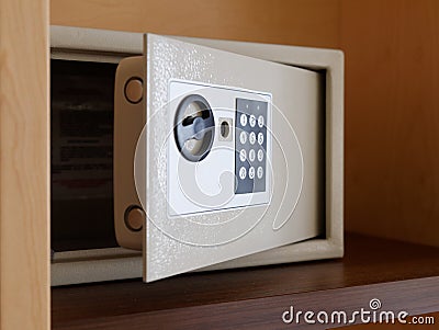 Open digital key unlocked Safe box Stock Photo