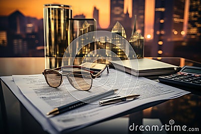 An open document, glasses, and a calculator rest on a desk with an evening cityscape backdrop, suggesting late-night Stock Photo