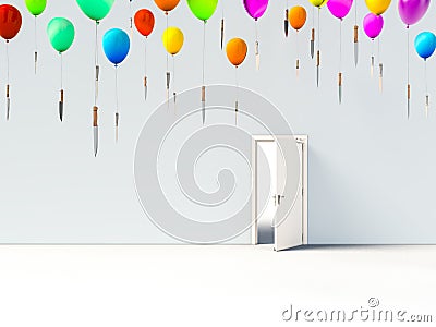 open door and balloon with knife. concept of danger and freedom Stock Photo