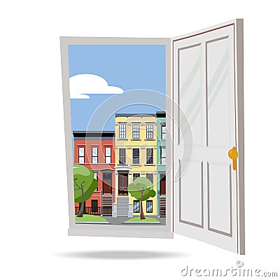 Open door into day summer city view with green leaves trees on white background. Flat cartoon style vector illustration. Three- Cartoon Illustration