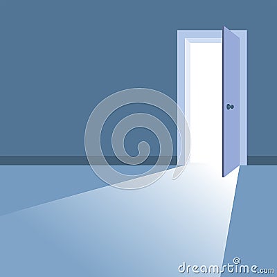 Open Door with light beams going inside dark room. Symbol of new way, exit, discovery, new opportunities. Business Vector Illustration