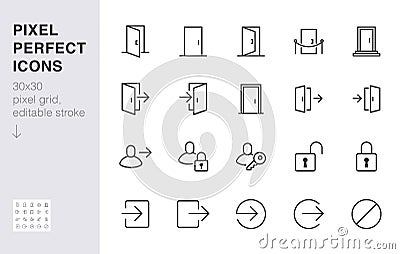 Open door line icon set. Login, logout, register, password, vip entrance, key, lock, exit minimal vector illustrations Vector Illustration