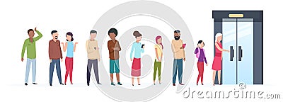 Open door queue. Trending people characters standing outside young adult customer line group stylish clothes. Flat Vector Illustration