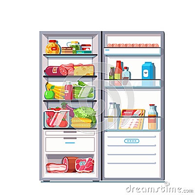 Open door refrigerator full of vegetables, fruits Vector Illustration