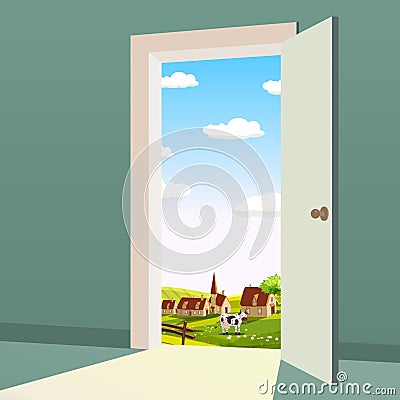 Open Door to nature way. Landscape rural farm valley symbol freedom, new way exit, discovery, opportunities. Motivation Vector Illustration