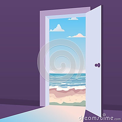 Open Door to nature way. Landscape sea, ocean, island, tropical, symbol freedom, new way exit, discovery, opportunities Vector Illustration