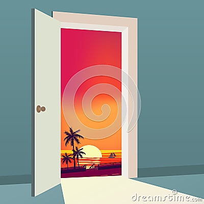 Open Door to nature way. Landscape sunset sea, ocean, island, tropical, palms, symbol freedom, new way exit, discovery Vector Illustration