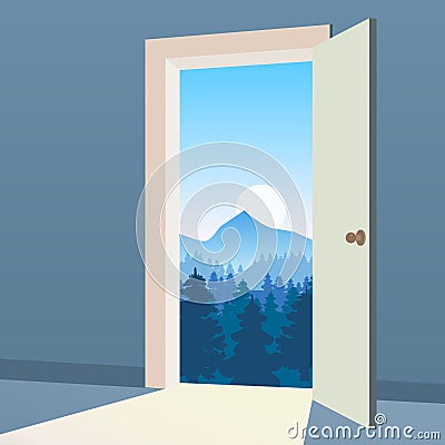 Open Door to nature way. Landscape valley forest, mountaines, symbol freedom, new way exit, discovery, opportunities Vector Illustration