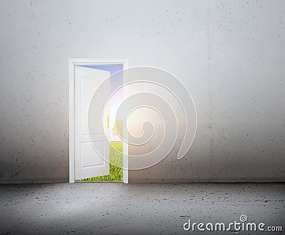 Open door to a new world, the green summer landscape. Conceptual Stock Photo