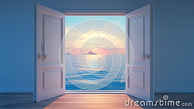 Open door to serene ocean. Concept of calmness, dreams, relaxation, freedom, adventure, journey, new beginnings, the Stock Photo