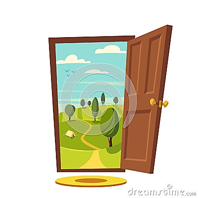 Open door. Valley landscape. Cartoon vector illustration. Vector Illustration