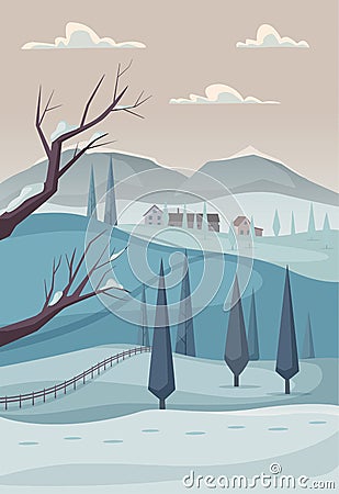 Open door. Valley landscape. Cartoon vector illustration. Vintage poster. Welcome to winter Vector Illustration