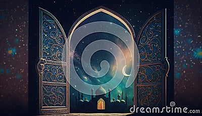 an open door with a view of a night sky and stars and a mosque with a crescent moon in the distance and a crescent moon in the Stock Photo