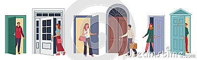 Open doors. Man leaving home, house room and woman person or office character work outside. Boy peeking out entrance Vector Illustration