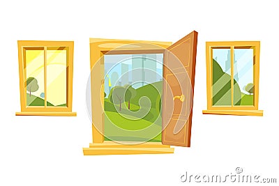 Open doors and sunset landscape behind windows. Vector pictures set in cartoon style Vector Illustration