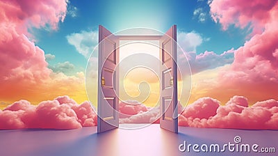 Open doors to vibrant sky with fluffy pink clouds. Concept of heaven, hope, dreams, positivity, new horizons, freedom Stock Photo