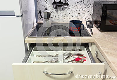 Open Drawer in a Modern Kitchen Stock Photo