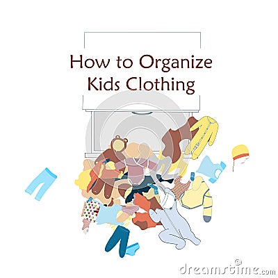 Open Dresser Drawer and messy kids clothing on the floor. Vector illustration about clothing organizing Vector Illustration