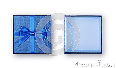 Open empty blue square gift box with shiny satin bow Stock Photo