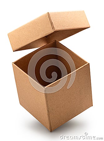 Open empty brown gift box and lid floating above a box isolated on white background. File contains clipping path Stock Photo
