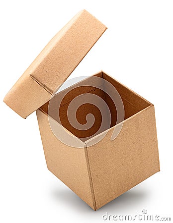 Open empty brown gift box and lid floating above a box isolated on white background. File contains clipping path Stock Photo