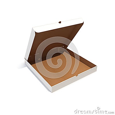 Open empty pizza box isolated on white. 3d rendering Stock Photo
