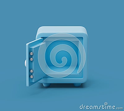 Open empty Safe box front view on blue pastel background with soft shadows. Simple 3d render illustration. Cartoon Illustration