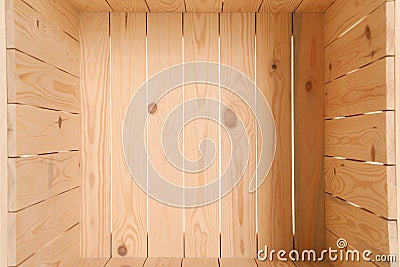 Open empty wooden crate, closeup. Inside Stock Photo