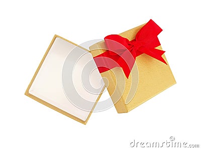 open empty luxury gold gift box with red ribbon bow isolated on white background Stock Photo