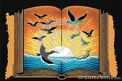 An open enchanted book with a surfer, birds and fishes emerging from within. Illustration painting Stock Photo