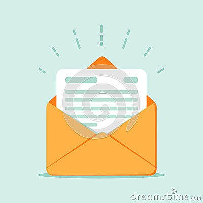 Open envelope with a document. New letter. Sending correspondence. Vector Illustration