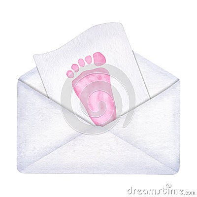 Open envelope with letter, pink children footprint. It is a girl. Baby Shower or gender reveal party invitation. Hand Cartoon Illustration