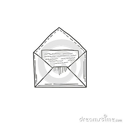 An open envelope with a letter. Vector illustration by hand in the style of doodle. Linear sketch Cartoon Illustration