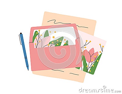 Open envelope with paper handwritten letter and greeting postcard composition. Correspondence, spring post card with Vector Illustration