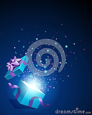 Open explore gift with fly stars Vector Illustration