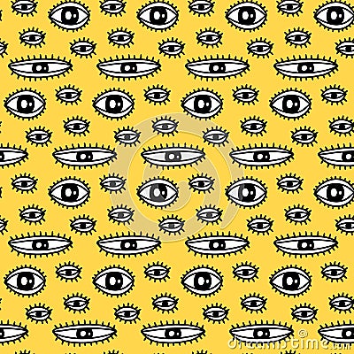 Open eyes with lashes hand drawn seamless pattern in cartoon doodle style black white contrast yellow background Stock Photo