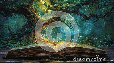 open fairy book lies on a wooden table, beckoning readers to discover enchanting stories and magical adventures Stock Photo