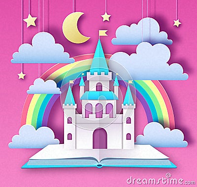 Open fairy tale book with castle with clouds, stars and moon. Cut out paper art style design. Origami Vector Illustration