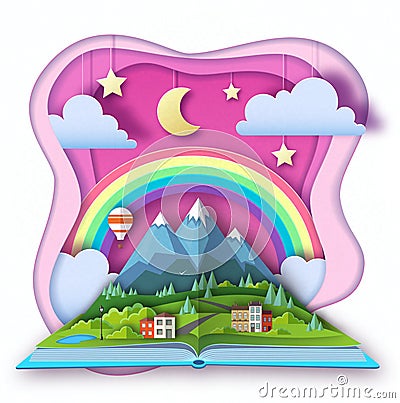 Open fairy tale book with countryside mountains landscape. Cut out paper art style design Vector Illustration