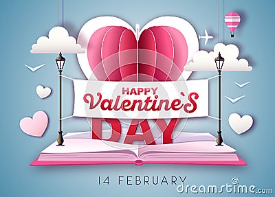 Open fairy tale book with valentine love heart. Happy Valentine`s day background. Cut out paper art style design Vector Illustration
