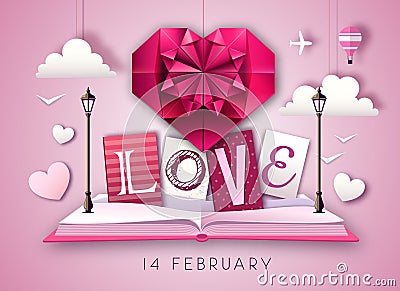 Open fairy tale book with valentine love heart. Happy Valentine`s day background. Cut out paper art style design Vector Illustration