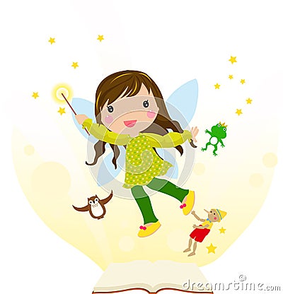 Open fairytale book and fairy flying above pages Vector Illustration