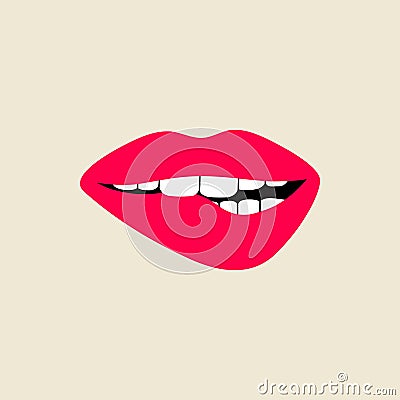 Open female human mouth lip biting with teeth in modern flat, line style, pop art. Hand drawn vector illustration of sexy lips, Vector Illustration