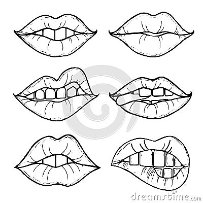 Open female mouth with black lips. Womens lips on a white background. Vector Illustration