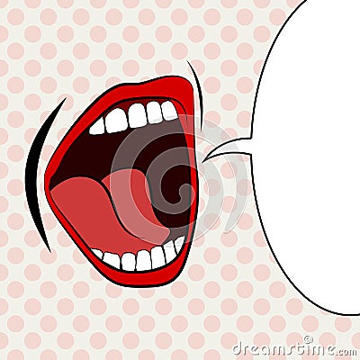 Open female mouth screaming announcement and empty speech bubble. Vector Illustration