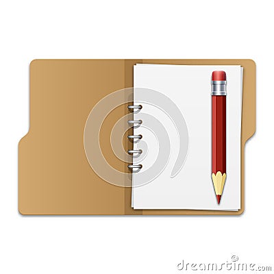 Open file folder with documents and pencil. Blank cardboard ring binder folder with stack of empty paper sheets Vector Illustration