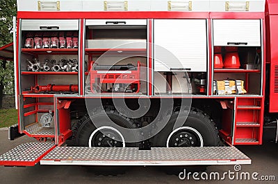 Open fire engine equipped with fire Stock Photo