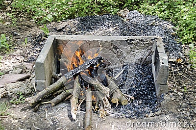 Open fire in the fireplace, prepare coal Stock Photo