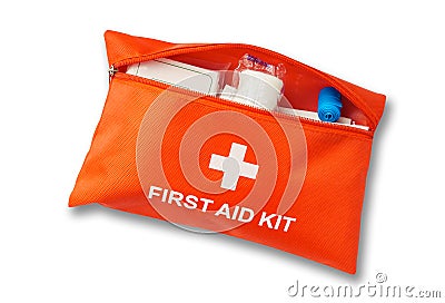 Open first aid kit isolated on white. Stock Photo